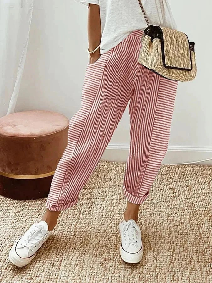 BB | Red Elegant Striped Trousers – Flattering Fit & Luxe Comfort