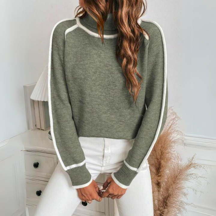 BB - Women's Knitted Jumper with Stand-up Collar – Stylish Olive Green Jumper with Contrast Details – Warm Long Sleeve Sweater for Autumn & Winter