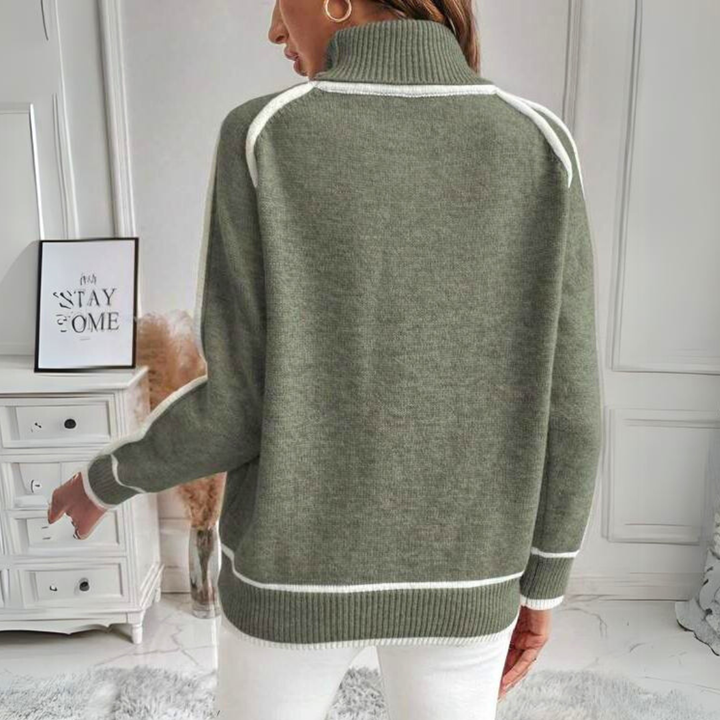 BB - Women's Knitted Jumper with Stand-up Collar – Stylish Olive Green Jumper with Contrast Details – Warm Long Sleeve Sweater for Autumn & Winter