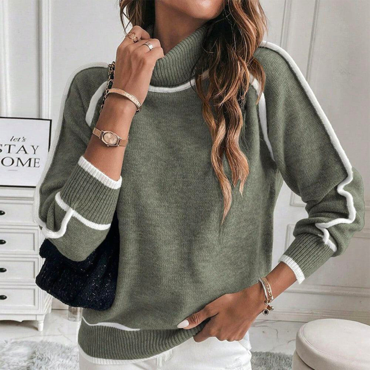 BB - Women's Knitted Jumper with Stand-up Collar – Stylish Olive Green Jumper with Contrast Details – Warm Long Sleeve Sweater for Autumn & Winter