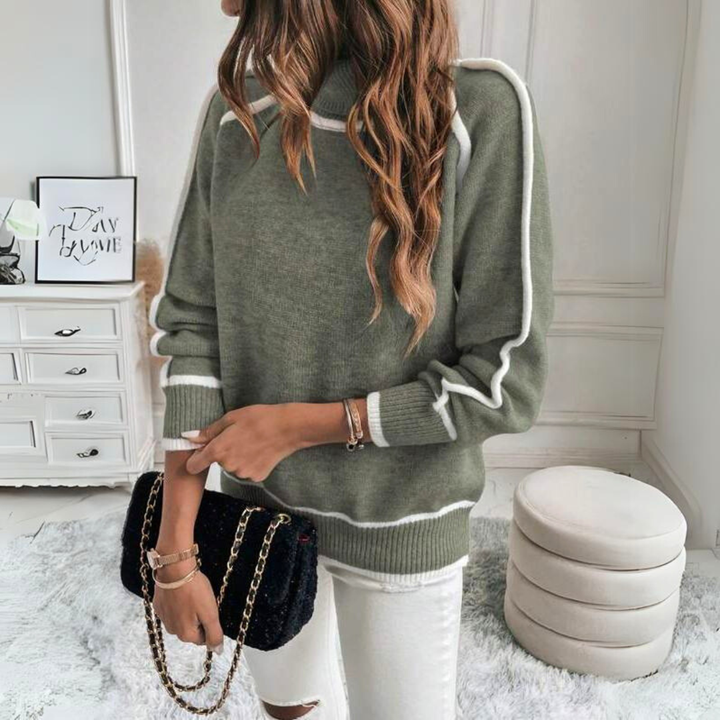 BB - Women's Knitted Jumper with Stand-up Collar – Stylish Olive Green Jumper with Contrast Details – Warm Long Sleeve Sweater for Autumn & Winter