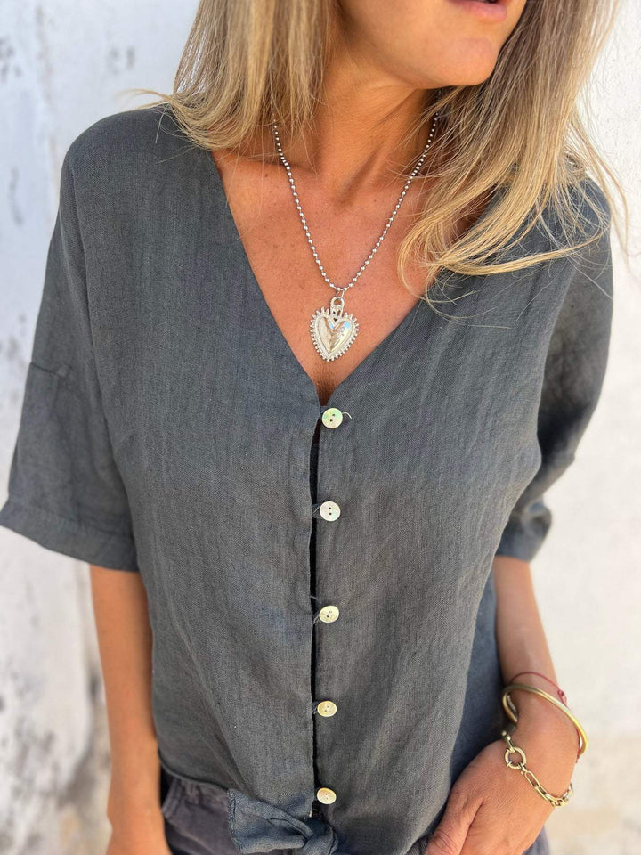 Chic Summer V-Neck Cotton-Linen Top for Women