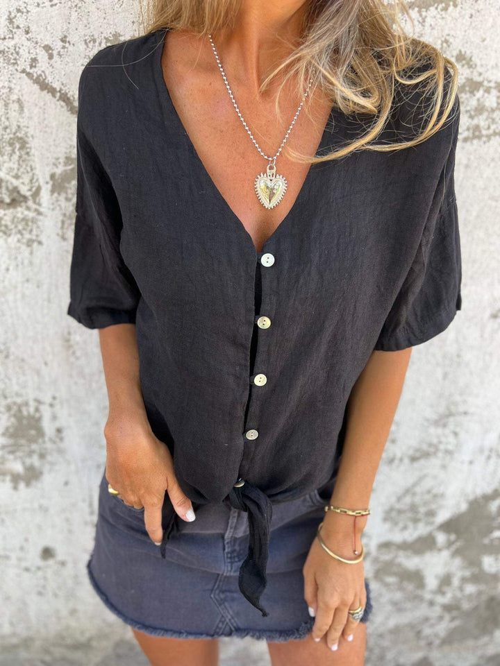 Chic Summer V-Neck Cotton-Linen Top for Women