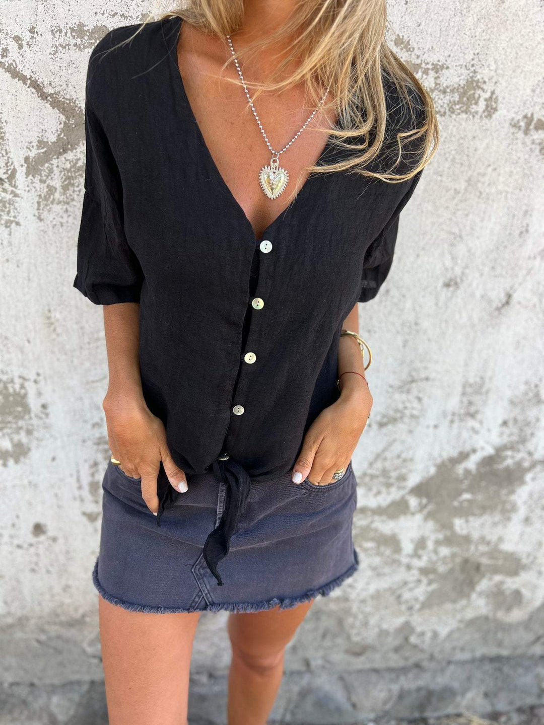 Chic Summer V-Neck Cotton-Linen Top for Women