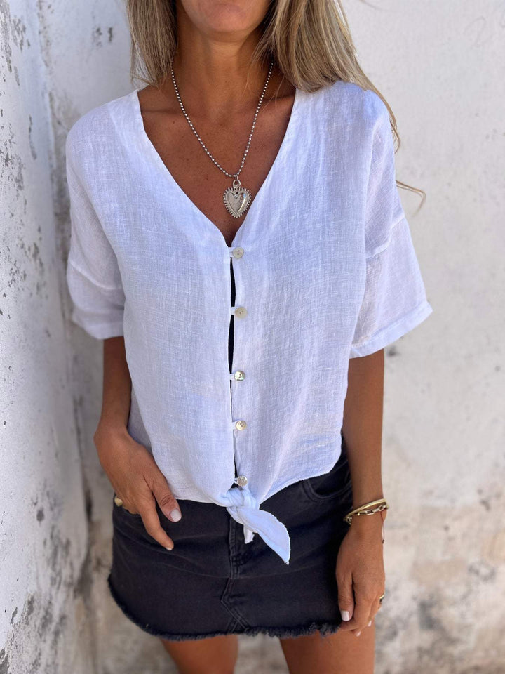 Chic Summer V-Neck Cotton-Linen Top for Women