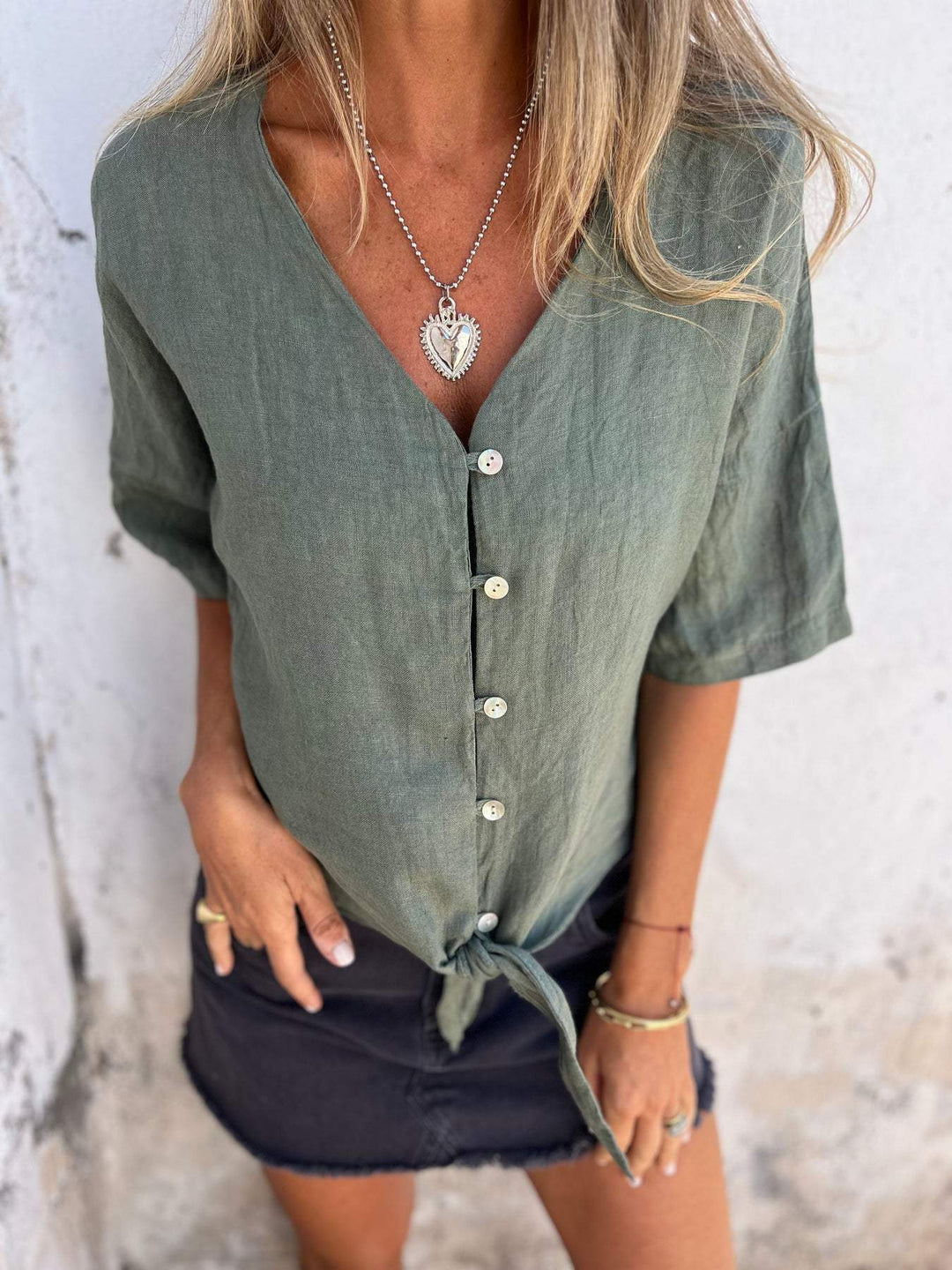 Chic Summer V-Neck Cotton-Linen Top for Women