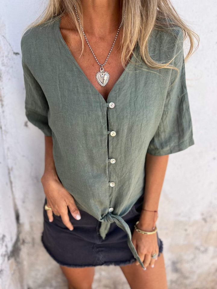 Chic Summer V-Neck Cotton-Linen Top for Women