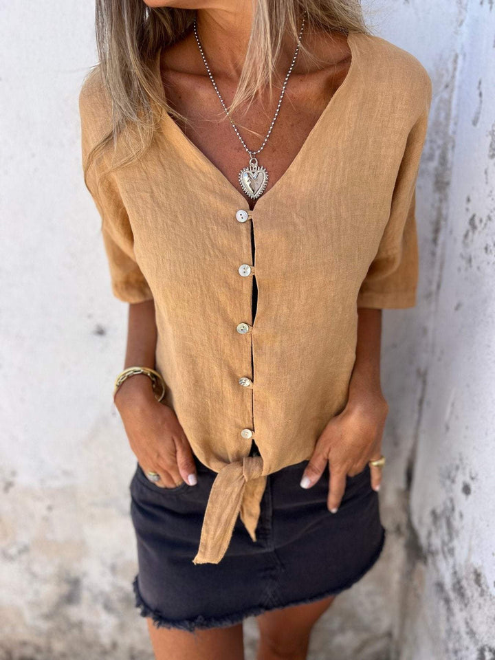 Chic Summer V-Neck Cotton-Linen Top for Women