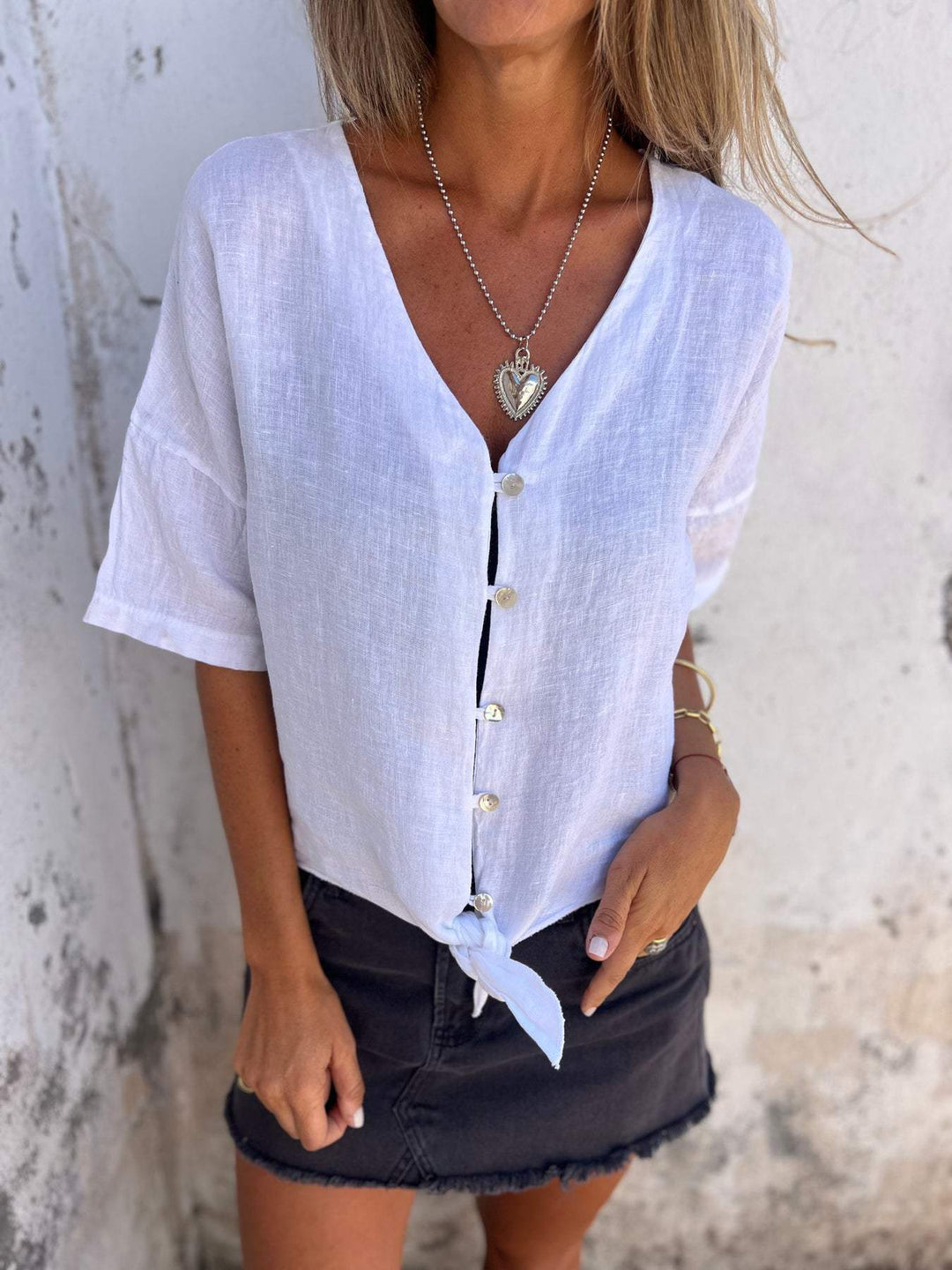 Chic Summer V-Neck Cotton-Linen Top for Women
