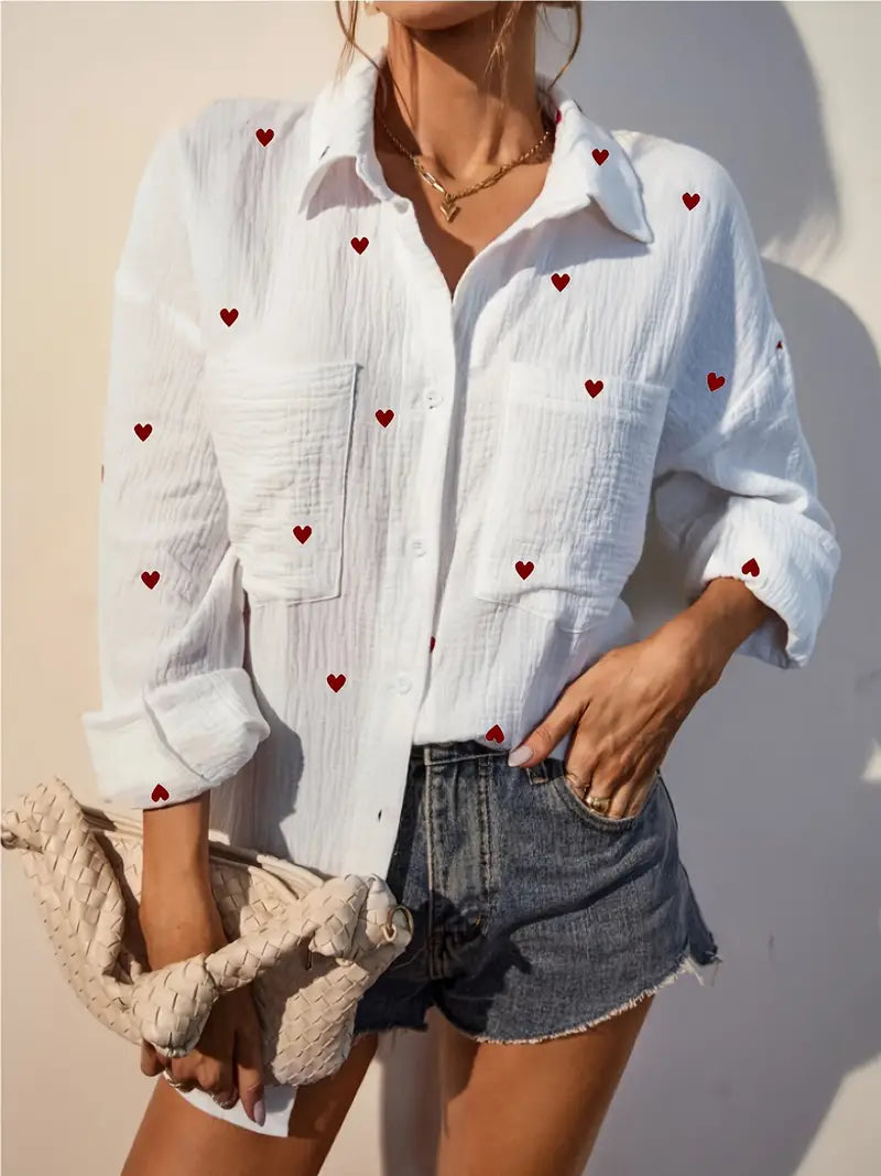 Heart Pattern Blouse with Collar - Summery Chic
